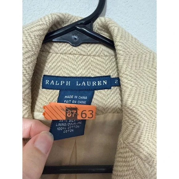 Ralph Lauren Tan Herringbone Blazer Women's Size 2 Cotton/Silk Blend Equestrian - Picture 2 of 7